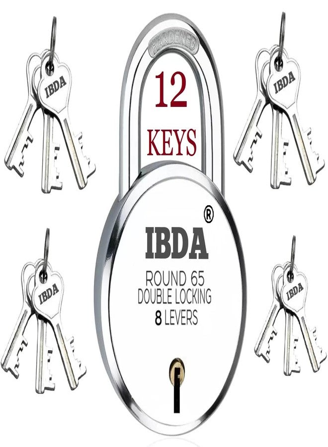 IBDA قفل IBDA مع 12 مفتاحًا، 65 مم | قفل مزدوج | تقنية أمان عالية بثمانية أذرع | قفل بهيكل فولاذي بدون مسامير | قفل للمنزل، والستائر، والبوابات، والأبواب، والقنوات، والسلاسل، والمتاجر، والمدارس، والمستودعات - Image 1